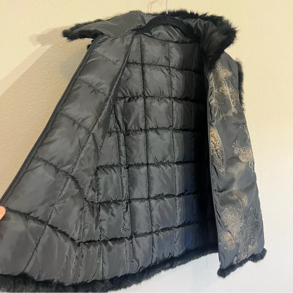 New Montanaco reversible velvet burnout faux fur trim puffer vest black Sz Large - Picture 10 of 11